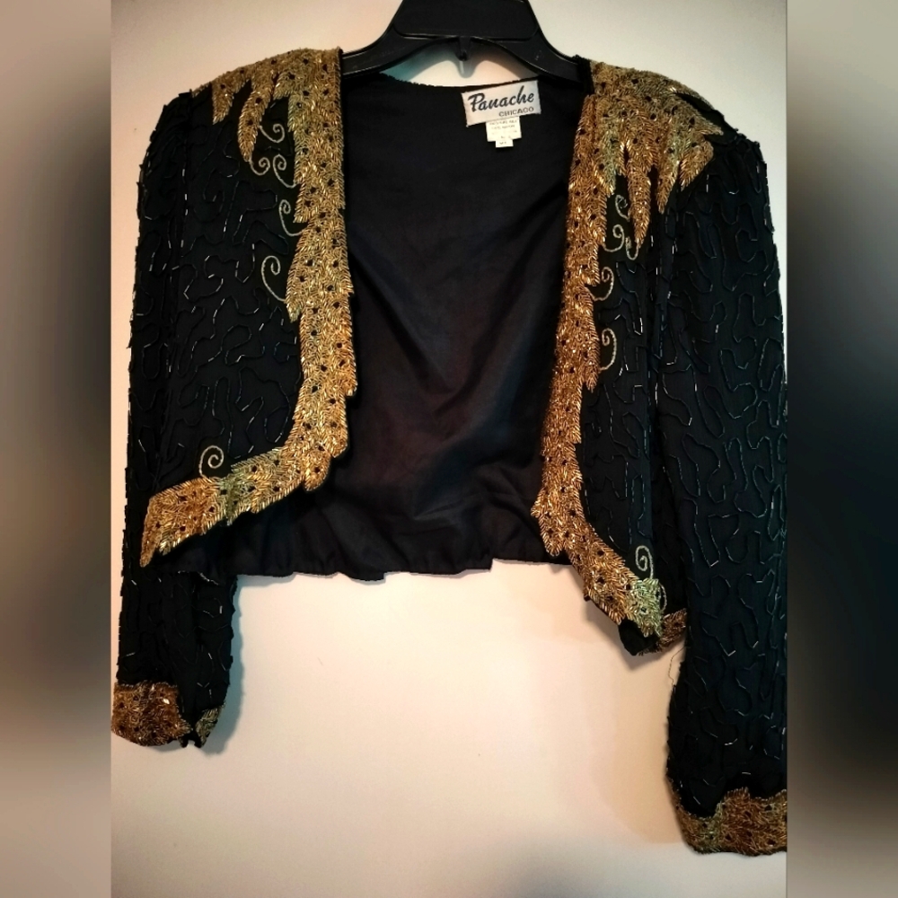 Vintage Panache Chicago Black and Gold Embellished Jacket with missing beads. XL